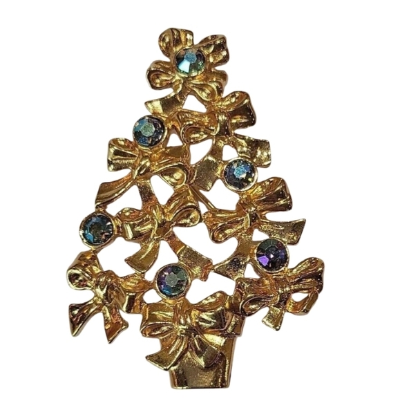 Avon Christmas Tree Brooch Pin Vintage Blue Purple AB Rhinestone Bow Gold Tone - Picture 2 of 8